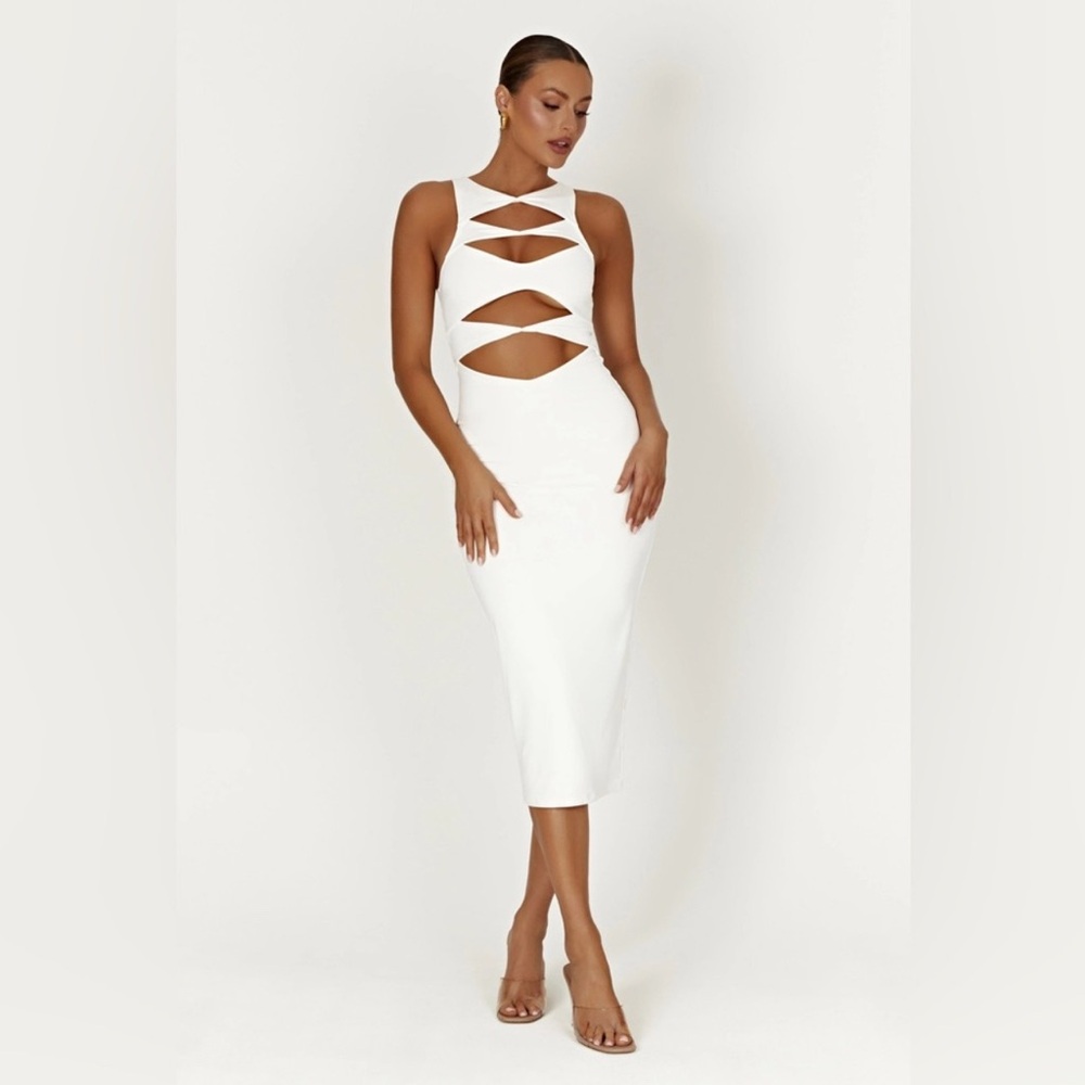 Meshki White Geometric Cut-Out Bodycon Dress